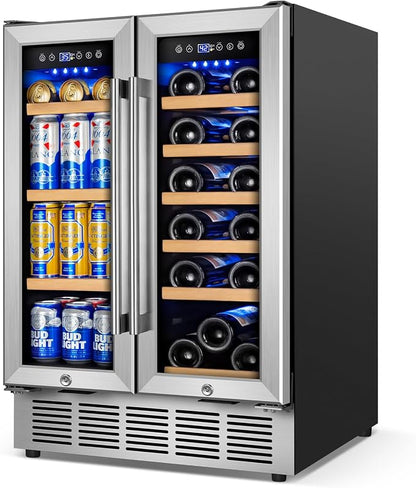24" Dual Zone Wine and Beverage Refrigerator, Under Counter with Glass Door | 18-Bottle 88-Can capacity, Fast cooling, LED blue light, Temp control, Energy efficient compressor, Freestanding or built-in