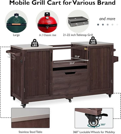 66.5" Outdoor Kitchen Island for Big Green Egg Grills, Solid Wood Grill Cart for Tabletop Grill with Stainless Steel Top, Drawer, Adjustable Middle Shelf, Compatible with Large Big Green Egg