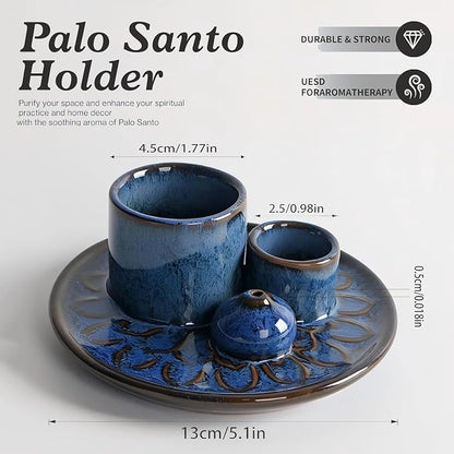 4-in-1 Ceramic Incense Burner Holder for Sticks/Palo Santo/Sage/Candle | 5.12" Ceramic Ash Catcher Tray with Holder, Designed for Meditation, Yoga Room & Home Decor Spaces