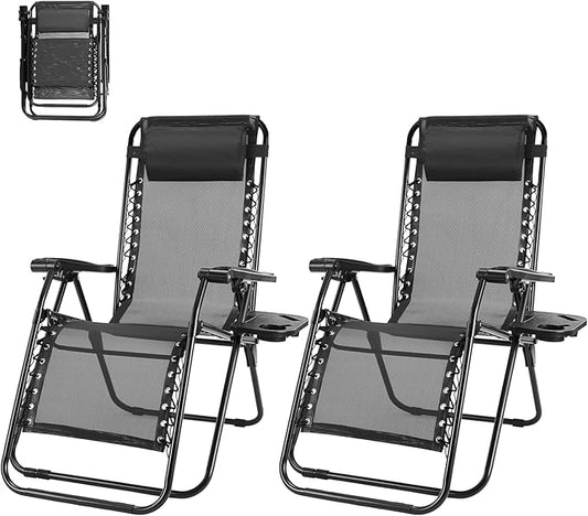 Zero Gravity Chair Set of 2, Adjustable Folding Reclining Lounge Chairs with Mesh Back, Adjustable Pillows & Cup Holder Trays, Outdoor Patio Lawn Chairs for Pool, Beach & Camping, Black
