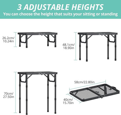 VINTEAM Camping Folding Grill Table | 3 Adjustable Heights | Lightweight, Portable Aluminum Table for BBQs, Picnic, and Outdoor Use | Mesh Desktop, 66lbs Weight Capacity