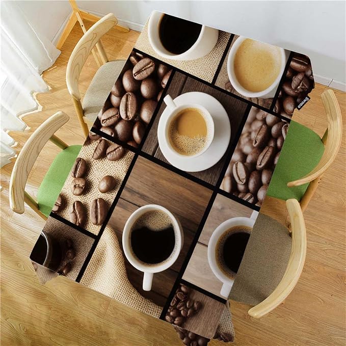 Swono Tablecloth Coffee Collage, Black Coffee Mugs Beans On Wooden Table Table Cloth for Kitchen Dining Tabletop Decoration Parties Weddings, 52 X 70 Inch Rectangle Tablecloth