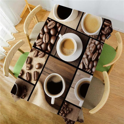 Swono Tablecloth Coffee Collage, Black Coffee Mugs Beans On Wooden Table Table Cloth for Kitchen Dining Tabletop Decoration Parties Weddings, 52 X 70 Inch Rectangle Tablecloth
