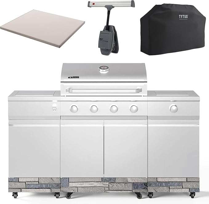Tytus Fresno 5-Burner Propane or Natural Gas Island Grill – 864 sq. in. Cooking, 48,000 BTU Main + 12,000 BTU Side Burner, Porcelain Grates, Storage Cabinets, Semi-Portable -SS/Shadow Stone Deluxe Kit