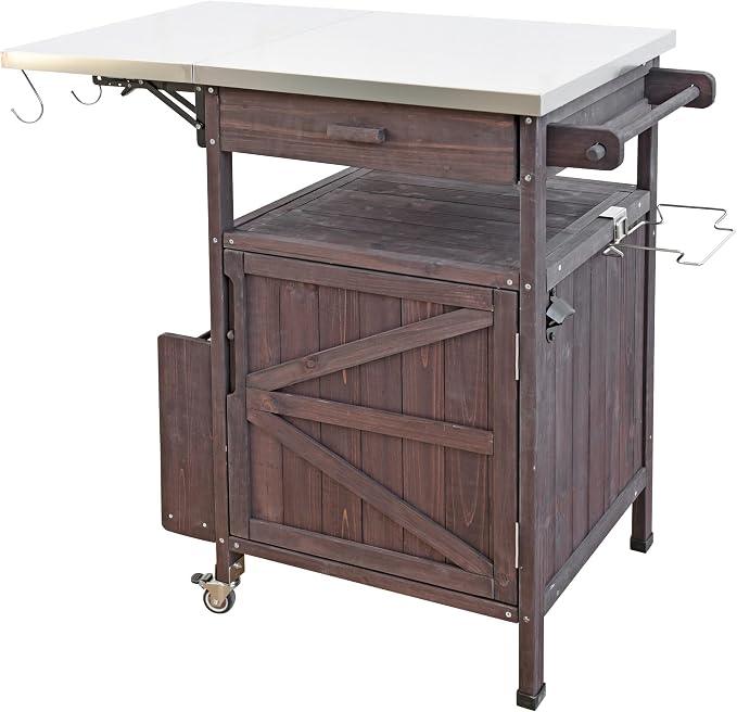 YOPTO 40.5" Outdoor Grill Cart,100% Fir Wood,Stainless Steel Top,Drop Leaf,Lockable Wheels,Towel Rack,Drawer,Rolling Kitchen Cart for Lawn & Garden,Brown