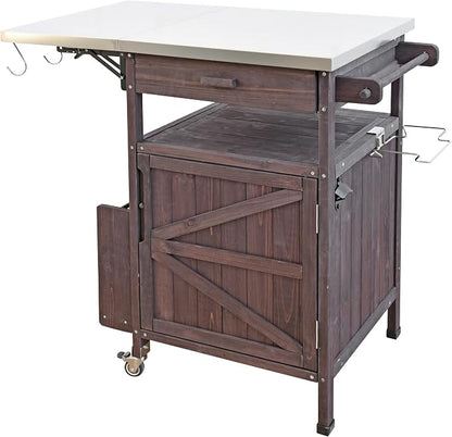YOPTO 40.5" Outdoor Grill Cart,100% Fir Wood,Stainless Steel Top,Drop Leaf,Lockable Wheels,Towel Rack,Drawer,Rolling Kitchen Cart for Lawn & Garden,Brown