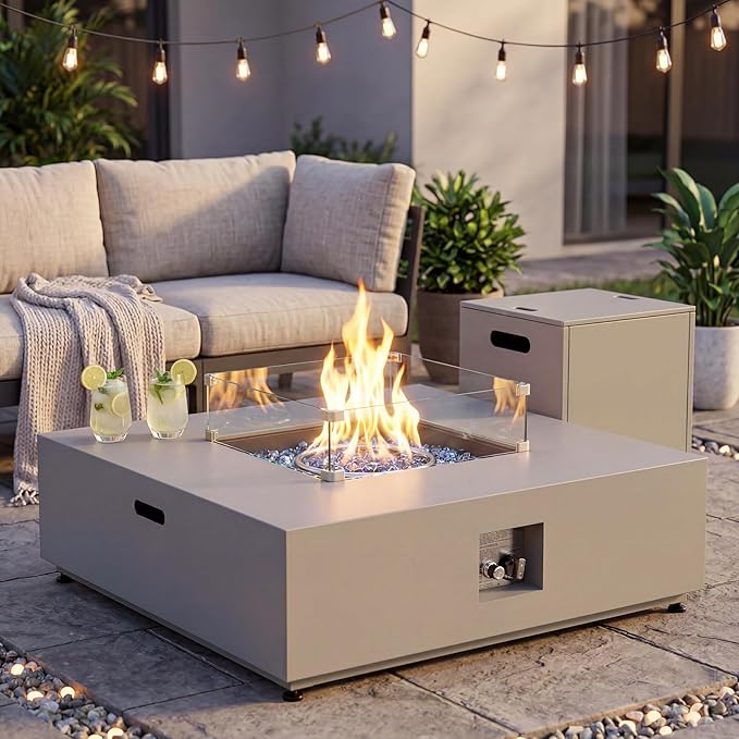 NICESOUL 40" Outdoor Square Propane Fire Pit Table with Hidden Tank Desk, 50,000 BTU Natural Gas Fireplace for Backyard Patio, CSA Certified Firepit with Tempered Glass Guard & Cover, Concrete Grey