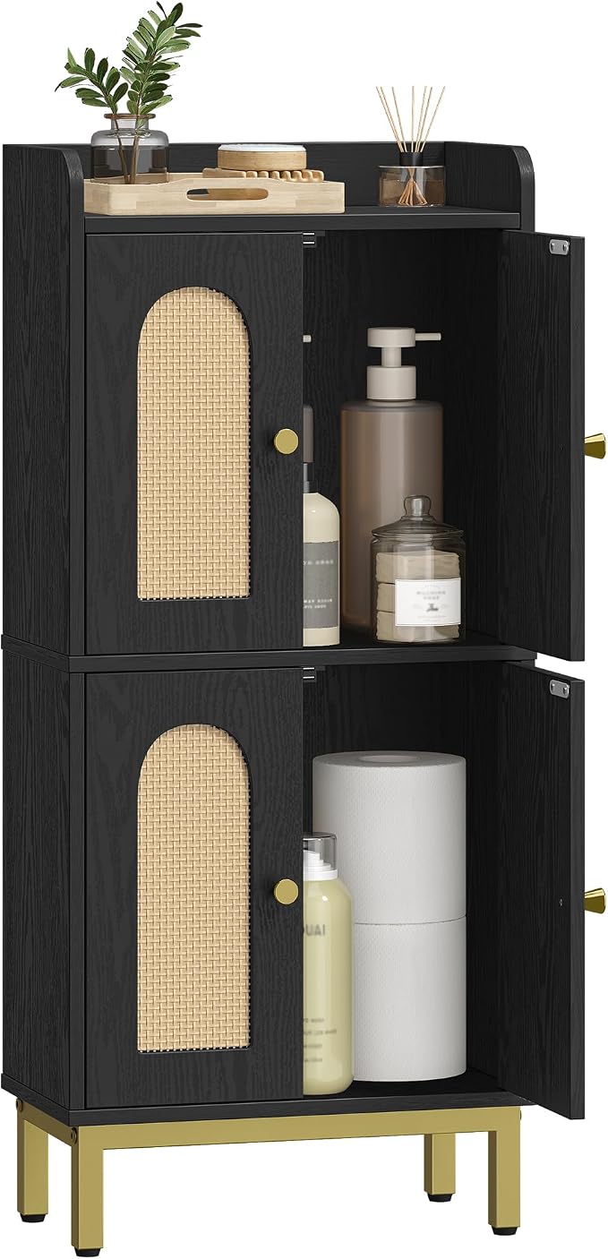 Hzuaneri Bathroom Cabinet, Small Storage Cabinet with 4 Doors | Bathroom Organizers and Storage Cabinets with Adjustable Feet. Cabinets Freestanding for Living Room, Kitchen, Rattan black