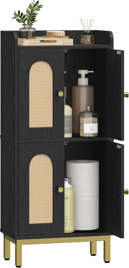 Hzuaneri Bathroom Cabinet, Small Storage Cabinet with 4 Doors | Bathroom Organizers and Storage Cabinets with Adjustable Feet. Cabinets Freestanding for Living Room, Kitchen, Rattan black