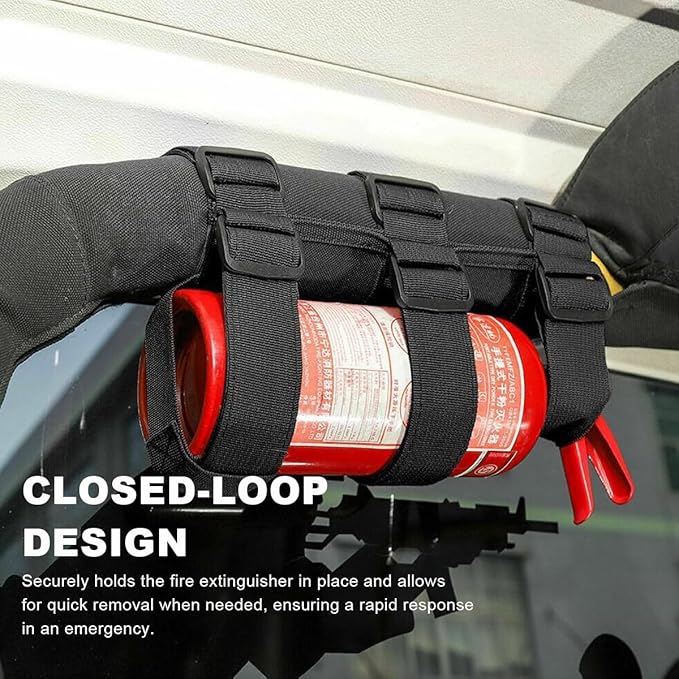 Ohleats Roll Bar Fire Extinguisher Holder, Adjustable Fire Extinguisher Mount Strap with American Flag Pattern, Car Accessories Fixed Belt for Wrangler JK JKU TJ CJ (No Pattern, Black, 2 PCS)