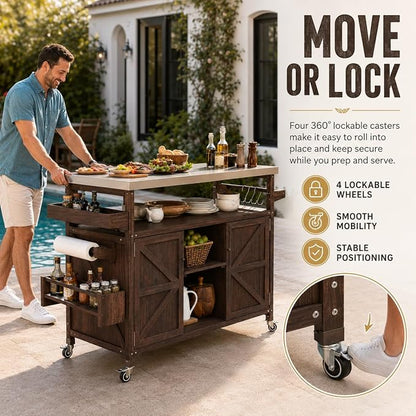 Outdoor Kitchen Island, 50.25" Rolling Grill Table with Storage Cabinet, 201 Stainless Steel Top Outdoor Bar Cart, Solid Fir Wood BBQ Prep Station with Adjustable Shelves, Spice Rack (Dark Brown)