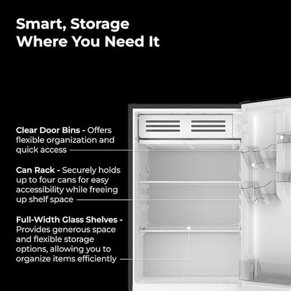 Kenmore 4.5 cu. ft. 21" Compact Refrigerator with Chiller - Black | 4 Can Rack, Adjustable Glass Shelving, Reversible Door, Interior Lighting, ENERGY STAR Certified