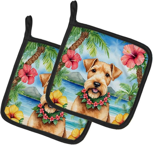 Caroline's Treasures Lakeland Terrier Luau Pair of Pot Holders Kitchen Heat Resistant Pot Holders Sets Oven Hot Pads for Cooking Baking BBQ, 7 1/2 x 7 1/2