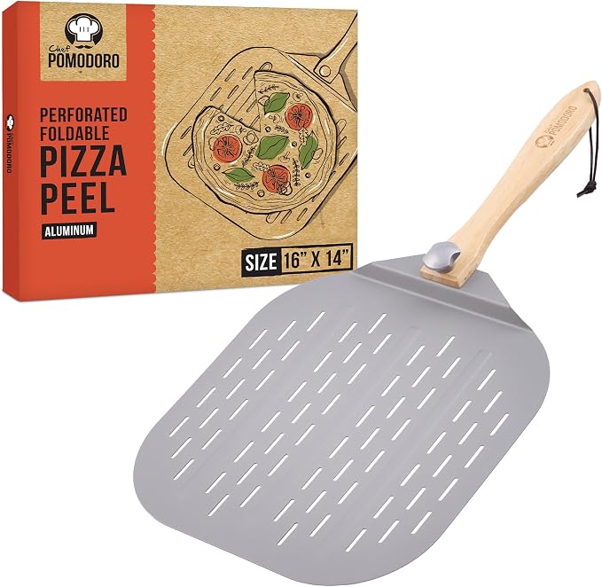 Chef Pomodoro Aluminum Perforated Pizza Peel 16 Inch with Foldable Handle | Perforated Pizza Peel 16 inch, Pizza Steel Perforated Design Prevents Sticking, Foldable Stainless Steel Pizza Peel Handle