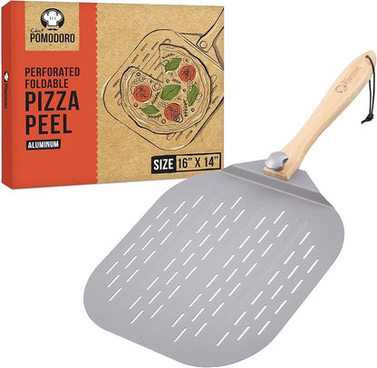 Chef Pomodoro Aluminum Perforated Pizza Peel 16 Inch with Foldable Handle | Perforated Pizza Peel 16 inch, Pizza Steel Perforated Design Prevents Sticking, Foldable Stainless Steel Pizza Peel Handle