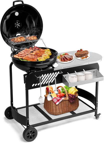 Portable Charcoal Grill with Cart Slide-Out Ash Catcher 21'' BBQ Grill with Porcelain Enamel Lid Thermometer and Wheels Small Charcoal Grills for Outdoor Backyard Camping Iron Black