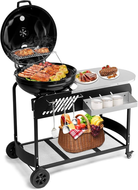 Portable Charcoal Grill with Cart Slide-Out Ash Catcher 21'' BBQ Grill with Porcelain Enamel Lid Thermometer and Wheels Small Charcoal Grills for Outdoor Backyard Camping Iron Black