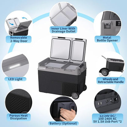 Car Refrigerator, 51QT(48L) Dual Zone Car Fridge Portable Freezer Compressor Electric Cooler, Portable Refrigerator, Rapid Freezing, -4°f to 68°f, 12/24V Can Internal Battery (Not Included) LCD Built-