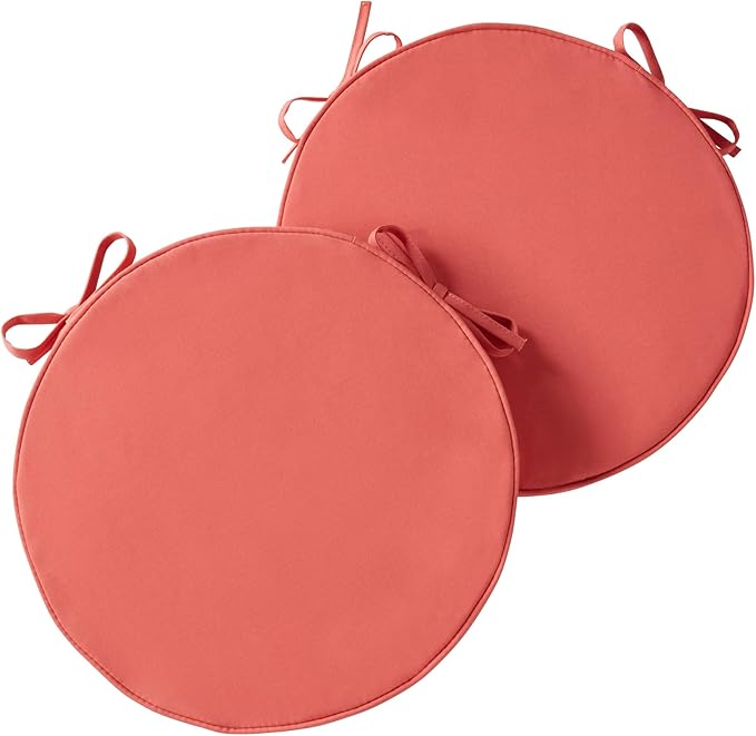 Set of 2 Outdoor 18 inch Round Patio Dining Chair Pads – Comfortable Fiber-Filled Seat Cushions with Ties, Reversible Polyester Fabric - Coral