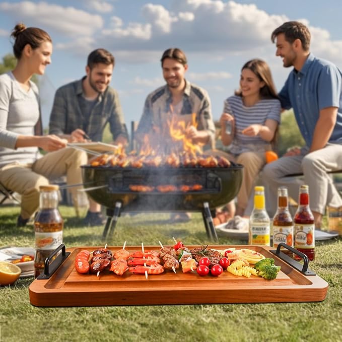 Large Wooden Charcuterie Board with Handles Long BBQ Serving Tray Platters | Rectangular Meat Cutting Board with Juice Grooves for Party Appetizers,Home & Outdoor Housewarming Gift 23.6x11.8x1.1”