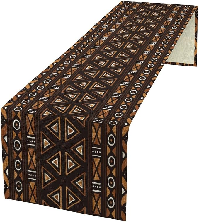 African Geometric Ethnic Table Runner Vintage Abstract African Traditional Mud Cloth Pattern Seasonal Summer Holiday Dinner Runner for Farmhouse Kitchen Dinner Table Party Decor 13x90in