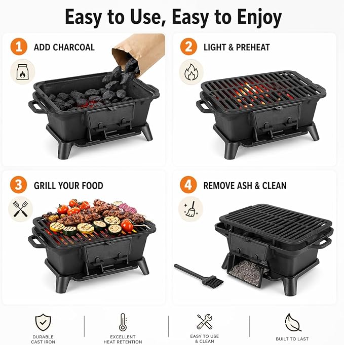 Hibachi Grill Outdoor, Portable Mini Charcoal Grill, Pre-Seasoned Cast Iron, Small Japanese Yakitori Tabletop Skillet Grill Stove for Outdoor Camping
