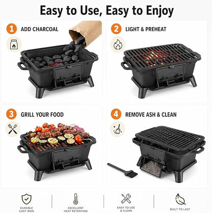 Hibachi Grill Outdoor, Portable Mini Charcoal Grill, Pre-Seasoned Cast Iron, Small Japanese Yakitori Tabletop Skillet Grill Stove for Outdoor Camping