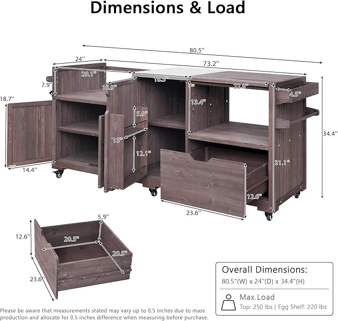 LUMISOL Outdoor Grill Cart for Big Green Egg, 80.5" Solid Wood Outdoor Kitchen Island with Stainless Steel Top and Drawer, Rolling Kitchen Cart for 21"/28" Blackstone Griddle, Dark Brown