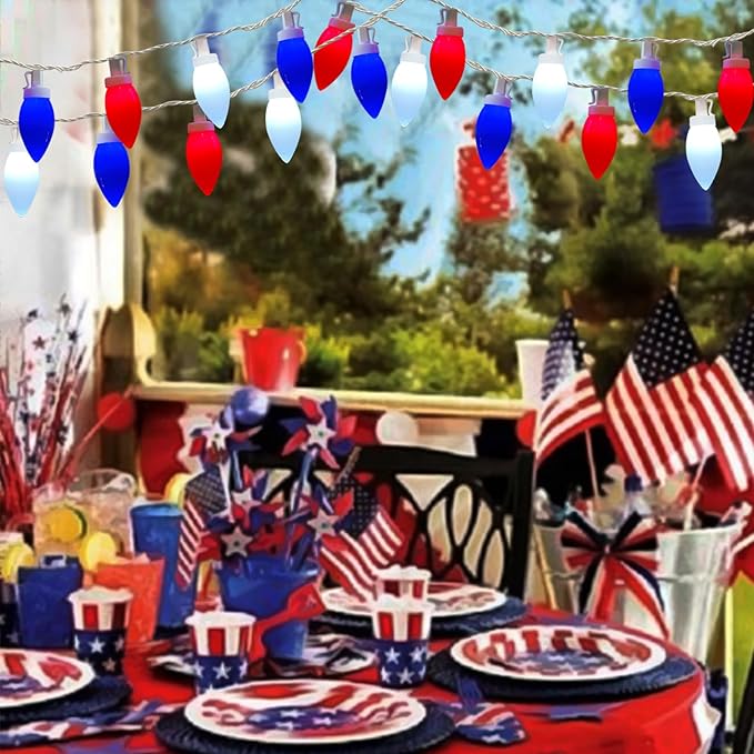 C9 Red White and Blue Lights for Fourth of July Decorations, 25Ft LED Patriotic Light 25 Shatterproof Christmas Light, Plug in 4th of July Decorations Lights for Party Memorial Day Independence Day