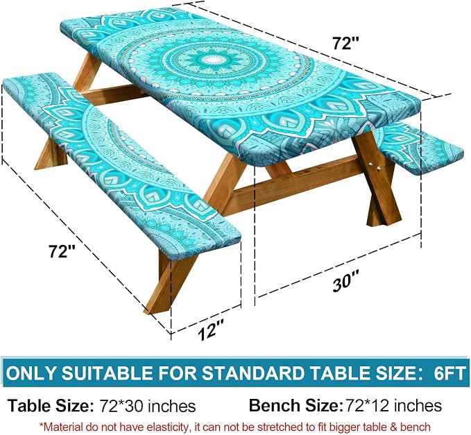 Picnic Table Cover Bench Covers Camping Essentials Tablecloth | Waterproof Vinyl for Outdoor, Windproof Elastic Fitted Edges, RV BBQ Accessories Must Haves, Storage Bag Included