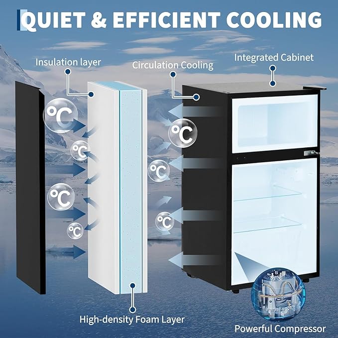 Mini Fridge with Freezer 3.1 Cu.Ft. Double Stainless Steel Door Compact Fridge Adjustable Thermostat,Removable Glass Shelves,Ideal for Compact Spaces Bedroom Dorm,Black