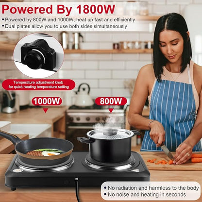 KOCASO 1800W Dual Infrared Burner Hot Plate, 7.5" & 6.3" Glass Cooktop, Stepless Temp Control 302°F-1022°F, Portable Electric Stove for Home, RV, Camping, Dorms