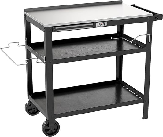 Feasto 31.5"x18" Outdoor Stainless Steel Grill Table, Movable Grill Prep Table Table with Seasoning Rack & Magnetic Tools Holder, Backyard BBQ Kitchen Food Prep Table for Portable Griddle & Pizza Oven