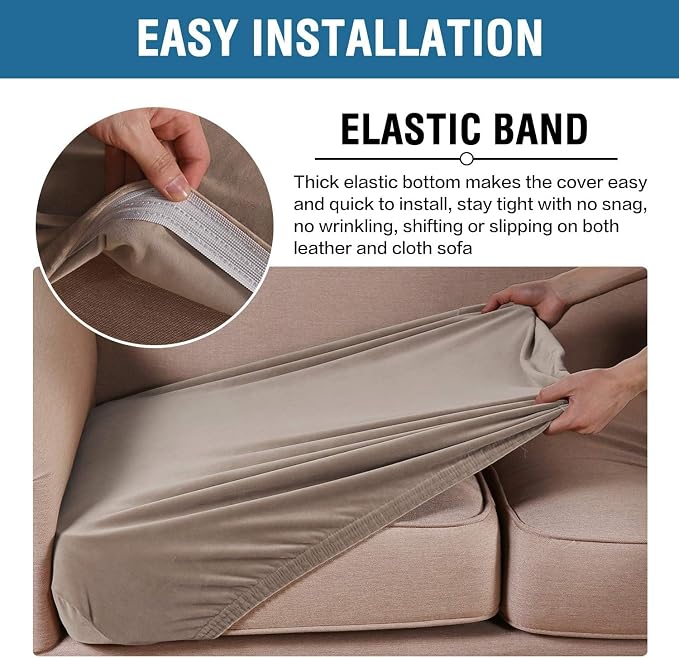 H.VERSAILTEX Velvet Stretch Couch Cushion Cover Plush Cushion Slipcover for Chair Loveseat Sofa Cushion Furniture Protector Seat Cushion Sofa Cover (2 Piece Large Sofa Cushion Covers, Taupe)