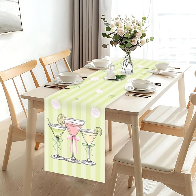 Green Pink Martini Theme Table Runner, Cocktail Lovers Linen Fabric Table Runner for Everyday Use 72 x 13 Inches, Washable Table Cover for Indoor Outdoor Kitchen Dining Table Home Decor