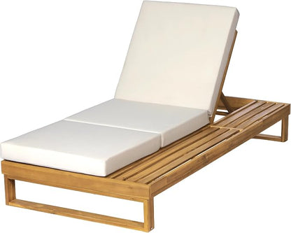 Merax Teak Finish Acacia Wood Chaise Lounge with 4-Inch Cream 3-Fold Water-Resistant Cushion Set, 4-Position Adjustable Outdoor Patio Lounger with Flat Side Surface, for Poolside