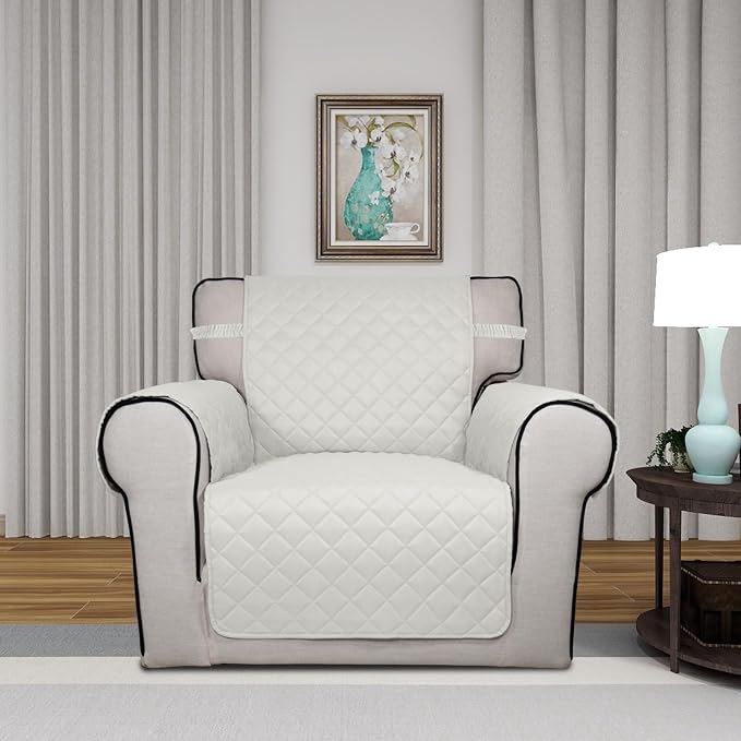 PureFit Reversible Quilted Sofa Cover, Water Resistant Slipcover Furniture Protector, Washable Couch Cover with Non Slip and Elastic Straps for Kids, Dogs, Pets (Chair, Ivory/Ivory) | Ivory/Ivory, Water Resistant Couch Protector, Washable Pet Couch Cov...