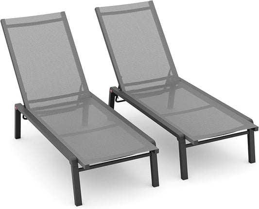Patio Chaise Lounge Set of 2 with 4 Adjustable Backrest, Foldable Aluminum Chaise Lounge Chair Recliner for Outdoor, Poolside, Sun Tanning Grey