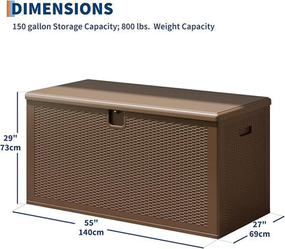 Garvee 150 gal Large Resin Deck Box, Waterproof & Weatherproof Outdoor Storage Box, Lockable Pool Storage Bin with Lid for Porch Patio Garden Backyard, Brown