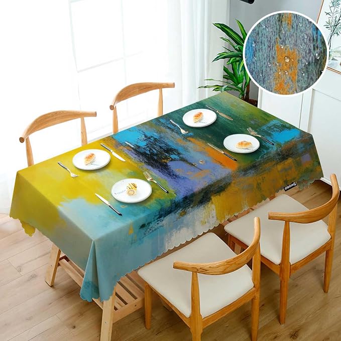 Swono Abstract Painting Table Cloth Sun Ball Yellow Turquoise Rectangle Tablecloth Picnic Table Cover BBQ Table Cloths Polyester for Kitchen Parties Patio and Camping 50x72 Inch
