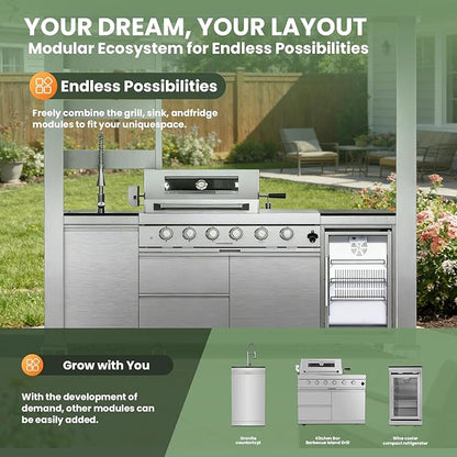 97" Stainless Steel Outdoor Kitchen Island with 4-Burner 72000 BTU,Natural Gas Grill with Side Burner,Rotisserie Oven,Refrigerator,Galvanized Steel Roof,Granite Countertops,Sink.(Natural Gas)