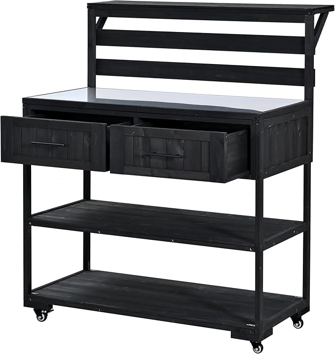 GDFStudio Elshire Patio Kitchen Island Cart with Storage, Wooden Outdoor Storage Cabinet with Stainless Steel BBQ Prep Table Top, Drawers, Raised Shelf and Lockable Wheels, Garden Potting Bench, Black
