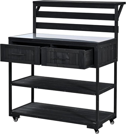 GDFStudio Elshire Patio Kitchen Island Cart with Storage, Wooden Outdoor Storage Cabinet with Stainless Steel BBQ Prep Table Top, Drawers, Raised Shelf and Lockable Wheels, Garden Potting Bench, Black