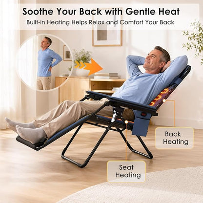 Suteck Heated Zero Gravity Chair, 400LBS 30.3" Padded Antigravity Chairs | Reclining Camping Chair with Headrest, Upgraded Lock, Large Cup Holder and Footrest, Patio Lounge Recliner for Indoor Outdoor