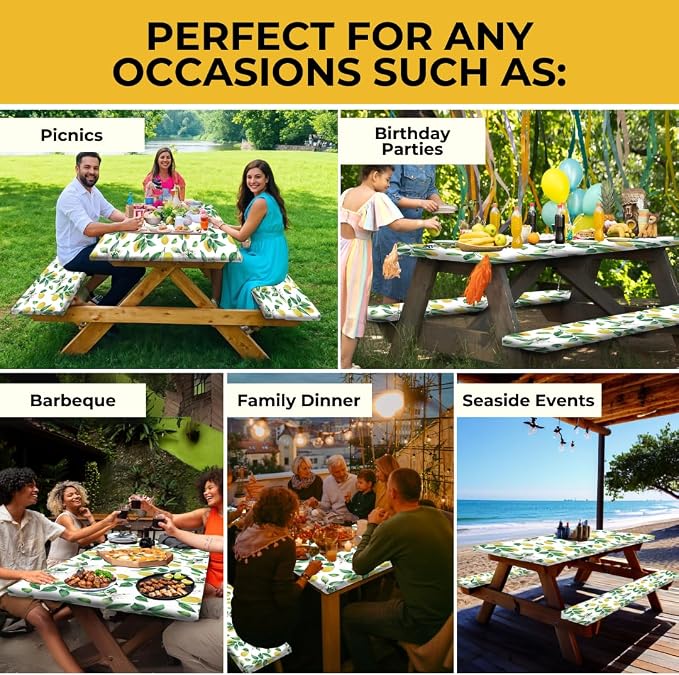 6ft Polyester Picnic Table Cover with Bench Covers Tablecloth Zesty Lemon | Polyester Picnic Table Cover Windproof & Waterproof, Perfect for Camping Gifts & RV Essentials, Cool Camping Gadgets with bag