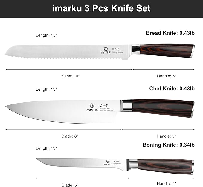 imarku 3 Piece Knife Set, Professional Japanese High Carbon Stainless Steel Chef Knife, Ultra Sharp Kitchen Knives Set with Ergonomic Pakkawood Handle, Ideal Gift for Mom