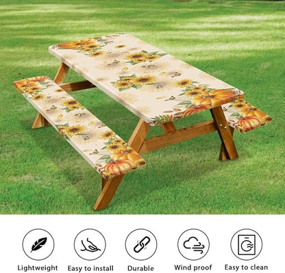 Thanksgiving Elastic Fitted Table Cloth for Outdoor Camping Pumpkin Sunflower Butterfly Camping Table Cloth for Picnic Table 3 PCS Set