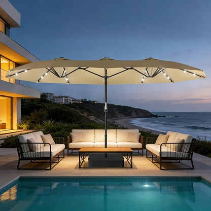 Suteck 15FT Patio Umbrella with Base & Solar Lights, Khaki | Double-Sided, Crank Handle, UV & Fade Resistant Canopy, Poolside, Backyard, Deck, Market