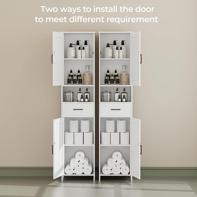 Homhedy 67" H Tall Bathroom Storage Cabinet with Barn Doors and Drawer | Narrow Storage Unit with Adjustable Shelves, Floor Cabinet for Bathroom, Living Room, Entryway or Kitchen, White, 15.7" W