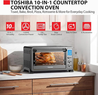TOSHIBA 10-in-1 Convection Toaster Oven, 6-Slice Countertop Oven, 1500W | Bake, Broil, Rotisserie & Pizza Functions, LCD Knob Controls, 6 Accessories, with Toast, 1500W, Black Stainless Steel